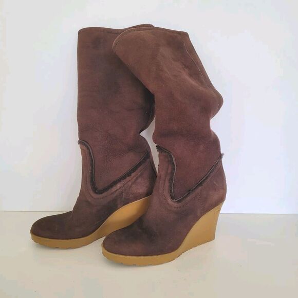 GUCCI Brown MERINO LAMBSKIN SHEARLING Suede Leather WEDGE BOOTS w/FUR Size 35 5 - Picture 1 of 11